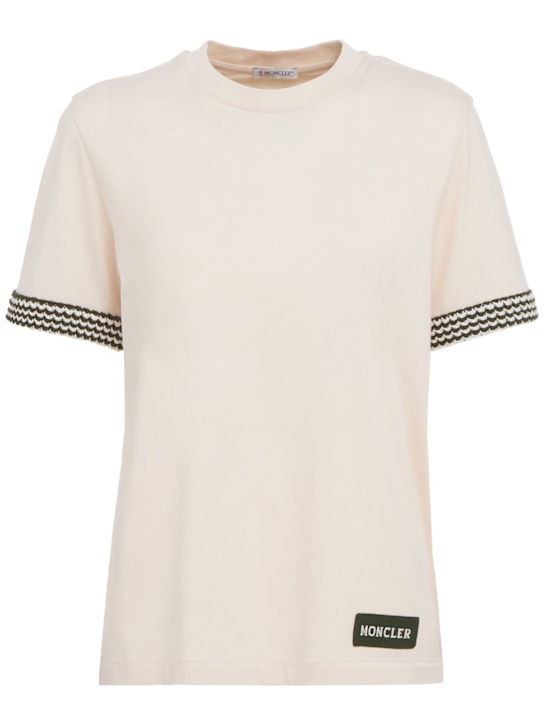 Moncler: Crochet-Trimmed cotton logo t-shirt - White Ivory - women_0 | Luisa Via Roma