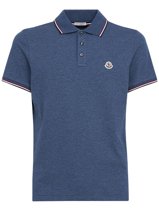 Moncler: Tricolour-Trimmed cotton polo shirt - Pastel Blue - men_0 | Luisa Via Roma