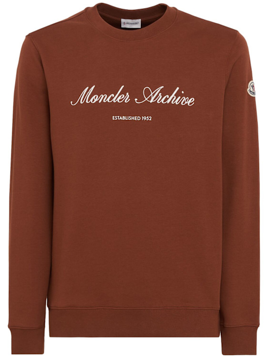 Moncler: Logo cotton blend crewneck sweatshirt - Brown Ginger - men_0 | Luisa Via Roma