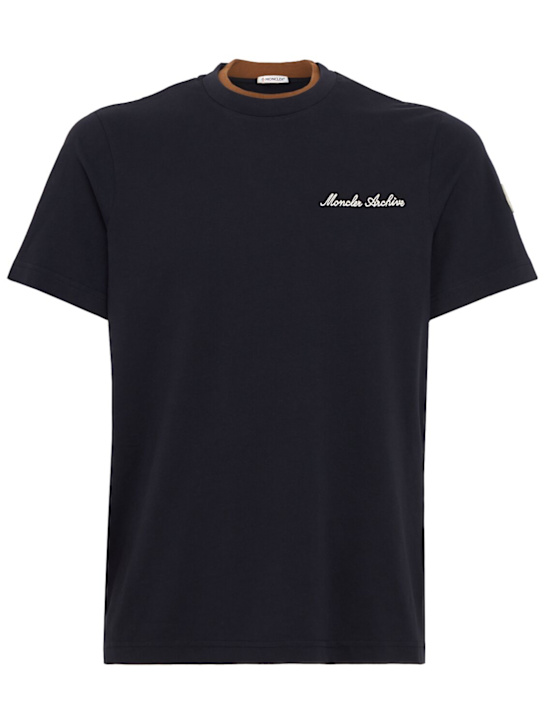 Moncler: Embroidered logo cotton t-shirt - Navy - men_0 | Luisa Via Roma