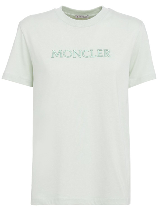 Moncler: Embroidered tonal logo cotton t-shirt - Light Green - women_0 | Luisa Via Roma
