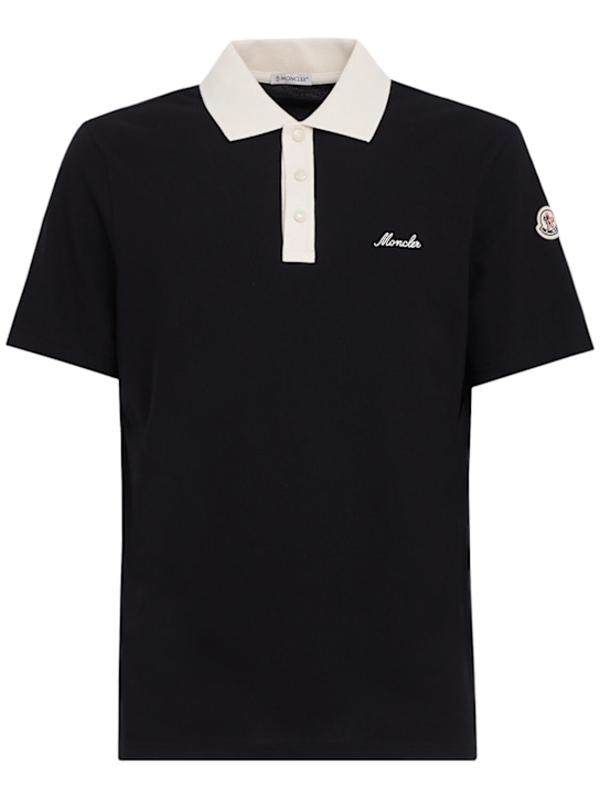 Moncler: Embroidered logo cotton polo shirt - 黑色 - men_0 | Luisa Via Roma