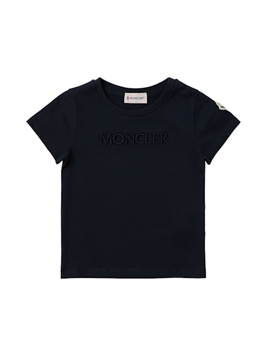 Moncler: Embroidered logo cotton t-shirt - Bleu Marine - kids-girls_0 | Luisa Via Roma