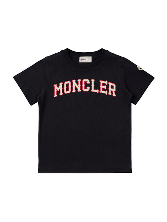 Moncler: Logo print cotton t-shirt - 海军蓝 - kids-boys_0 | Luisa Via Roma