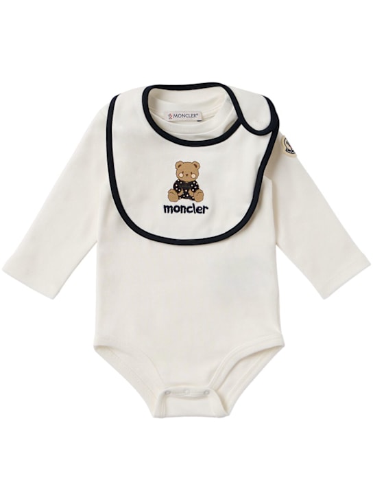 Moncler: Teddy bear logo cotton set - 白色/蓝色 - kids-boys_0 | Luisa Via Roma