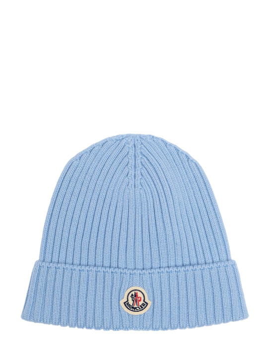 Moncler: Virgin wool beanie - Celeste - kids-boys_0 | Luisa Via Roma