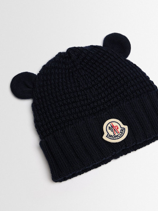 Moncler: Virgin wool beanie w/ teddy bear ears - ネイビー - kids-boys_1 | Luisa Via Roma
