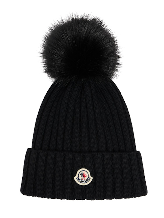 Moncler: Logo virgin wool pom pom beanie - Negro - women_0 | Luisa Via Roma