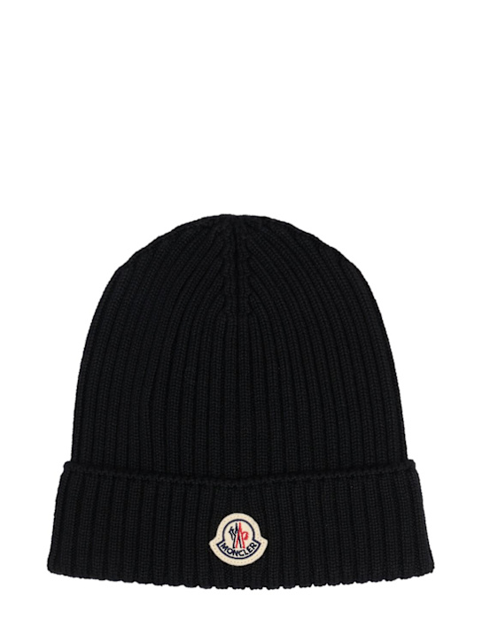 Moncler: Virgin wool beanie - Black - kids-boys_0 | Luisa Via Roma