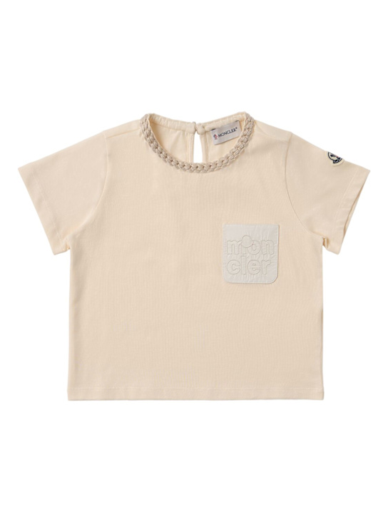 Moncler: Logo pocket cotton t-shirt - 象牙白 - kids-girls_0 | Luisa Via Roma