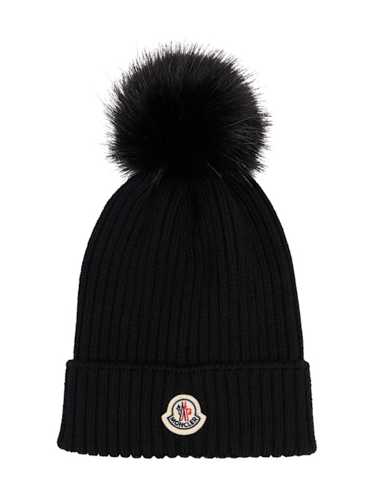 Moncler: Virgin wool beanie w/ pom pom - Schwarz - kids-girls_0 | Luisa Via Roma
