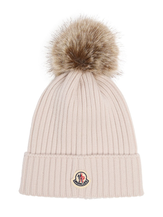 Moncler: Virgin wool beanie w/ pom pom - 浅米黄色 - kids-girls_0 | Luisa Via Roma