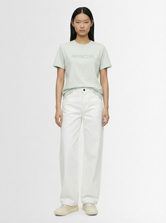 Moncler: Embroidered tonal logo cotton t-shirt - Light Green - women_1 | Luisa Via Roma