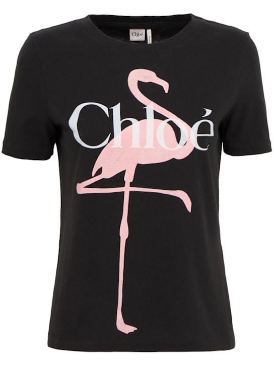 Chloé: Cotton jersey t-shirt w/ flamingo print - Pink/Black - women_0 | Luisa Via Roma