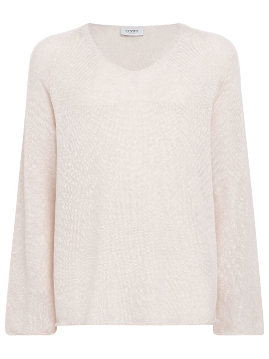 Laneus: Cotton v-neck knit sweater - Beige - men_0 | Luisa Via Roma