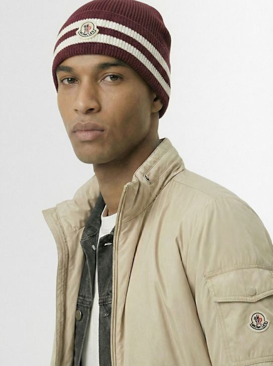 Moncler: Striped cotton blend beanie - Hot Chocolate - men_1 | Luisa Via Roma