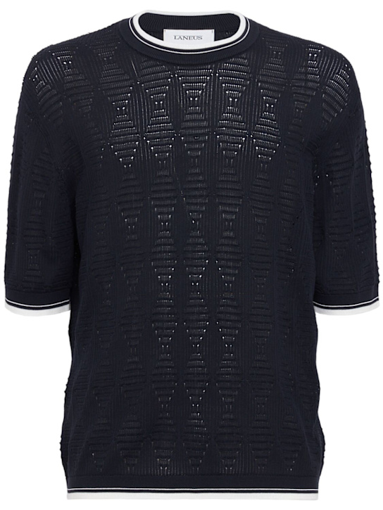 Laneus: Knitted cotton t-shirt - Bleu Marine - men_0 | Luisa Via Roma