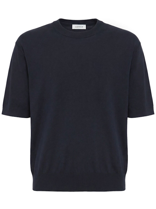 Laneus: Knitted cotton t-shirt - Blu Navy - men_0 | Luisa Via Roma