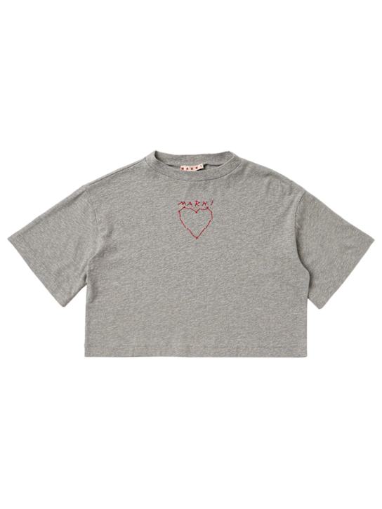 Marni Junior: Printed cotton cropped t-shirt - Grey - kids-girls_0 | Luisa Via Roma