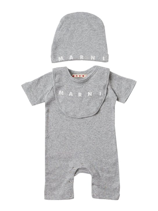 Marni Junior: Cotton logo romper, hat & bib - Noir - kids-boys_0 | Luisa Via Roma