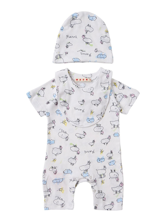 Marni Junior: Cotton logo romper, hat & bib - Multicolor - kids-boys_0 | Luisa Via Roma
