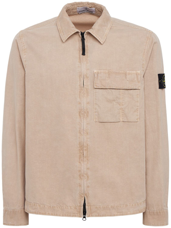 Stone Island: Logo cotton zip-up shirt - Désert - men_0 | Luisa Via Roma