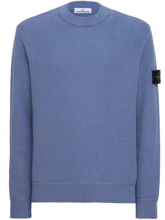 Stone Island: Logo cotton crewneck sweater - Bleu Foncé - men_0 | Luisa Via Roma