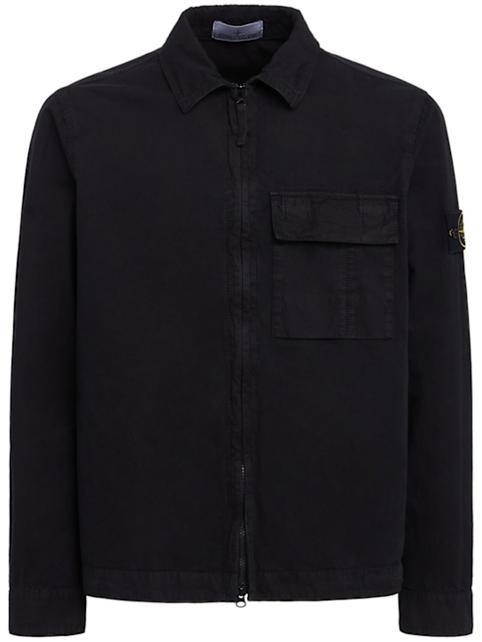 Stone Island: Logo cotton zip-up shirt - Black - men_0 | Luisa Via Roma