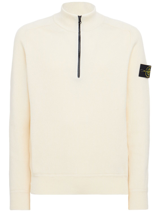 Stone Island: Logo棉质半拉链针织衫 - 象牙色 - men_0 | Luisa Via Roma