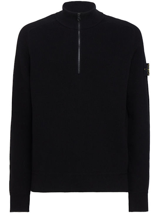 Stone Island: Logo棉质半拉链针织衫 - 黑色 - men_0 | Luisa Via Roma