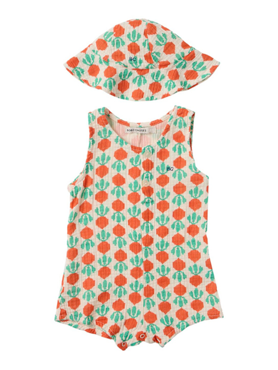 Bobo Choses: Printed cotton romper & hat - Blanc/Rouge - kids-girls_0 | Luisa Via Roma