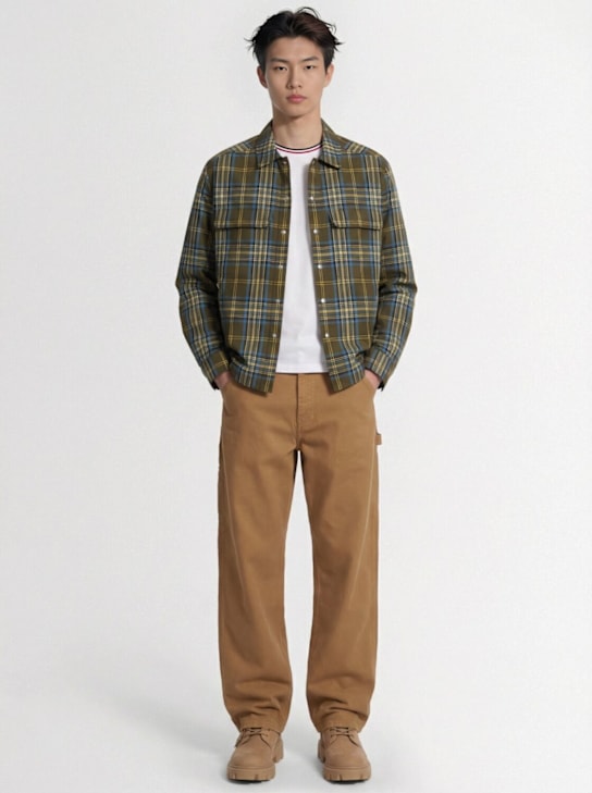 Moncler: Monogram checked nylon shirt jacket - Sky Blue/Olive - men_1 | Luisa Via Roma