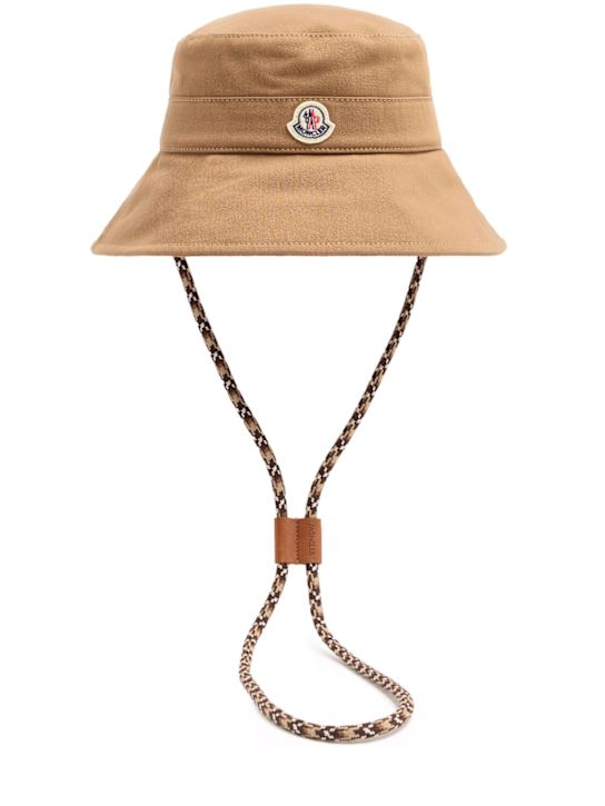Moncler: Logo cotton gabardine bucket hat - Camel Beige - women_0 | Luisa Via Roma