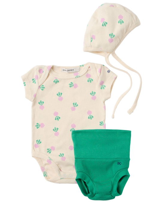 Bobo Choses: Cotton blend romper, diaper cover & hat - Bianco/Verde - kids-girls_0 | Luisa Via Roma
