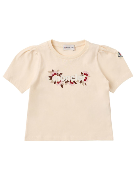 Moncler: Floral logo print cotton blend t-shirt - White Ivory - kids-girls_0 | Luisa Via Roma