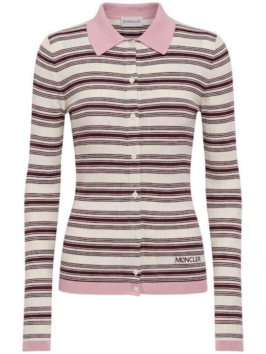 Moncler: Striped cotton long sleeve polo shirt - 白色/棕色 - women_0 | Luisa Via Roma