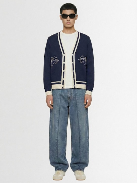 Fiorucci: Double cupid embroidered wool cardigan - 海军蓝 - men_1 | Luisa Via Roma