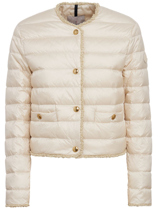 Moncler: Fleurs bouclé nylon down jacket - ライトベージュ - women_0 | Luisa Via Roma