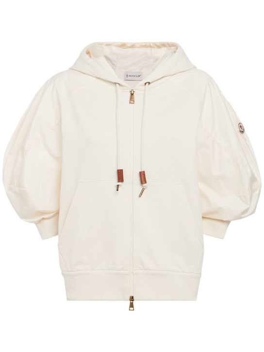 Moncler: Short sleeve cotton zip-up hoodie - 白色 - women_0 | Luisa Via Roma
