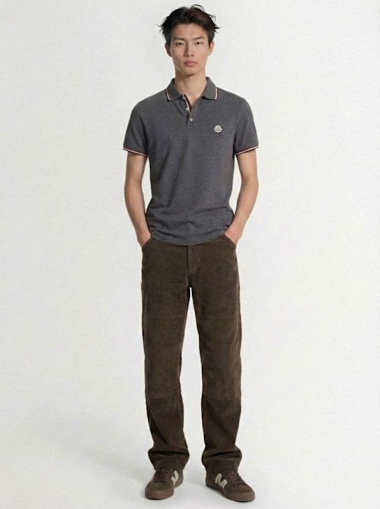 Moncler: Tricolour-Trimmed cotton polo shirt - Dark Grey - men_1 | Luisa Via Roma