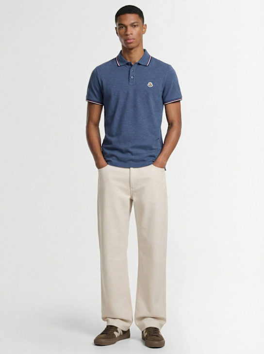 Moncler: Tricolour-Trimmed cotton polo shirt - Pastel Blue - men_1 | Luisa Via Roma