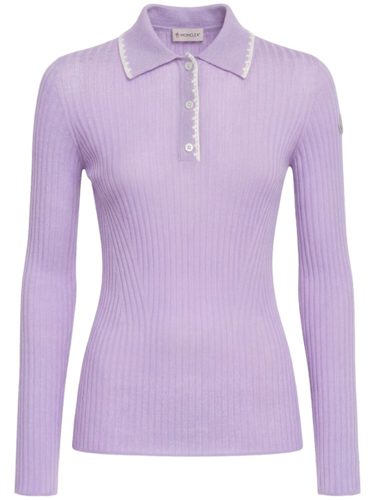 Moncler: Virgin wool long sleeve polo shirt - Lilac - women_0 | Luisa Via Roma