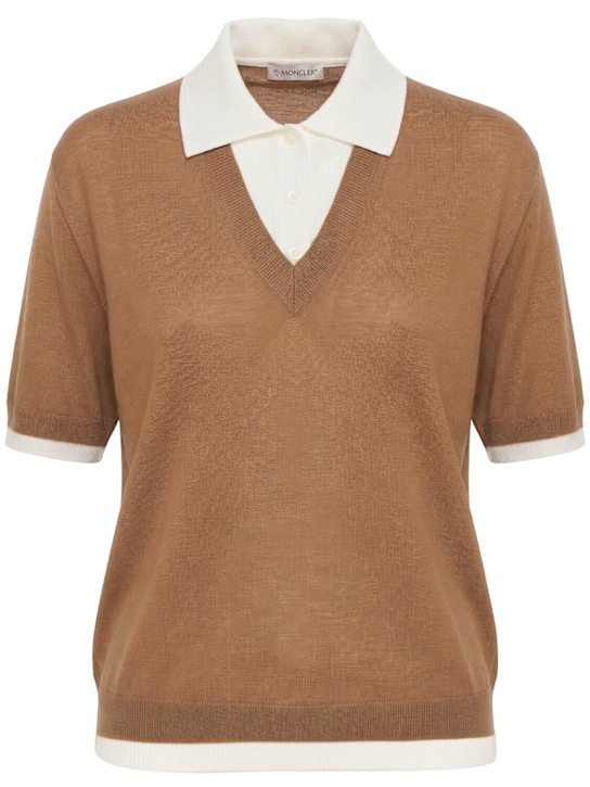 Moncler: 初剪羊毛混纺polo衫 - 米黄色 - women_0 | Luisa Via Roma