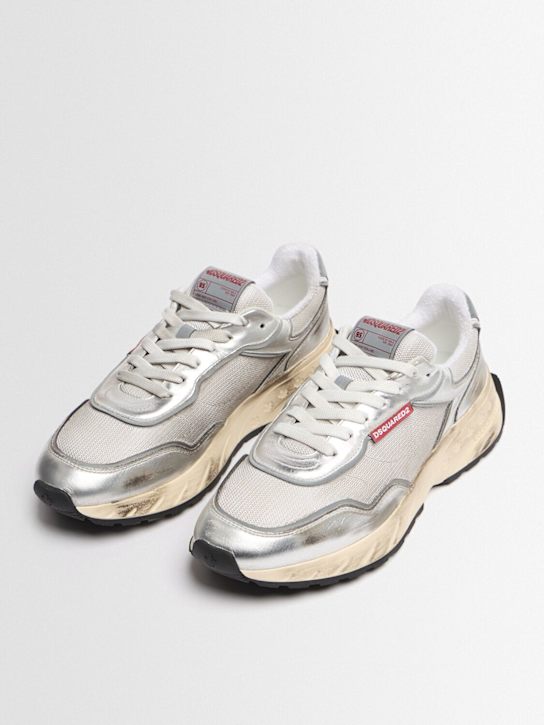 Dsquared2: Logo棉&皮革运动鞋 - 银色 - men_1 | Luisa Via Roma
