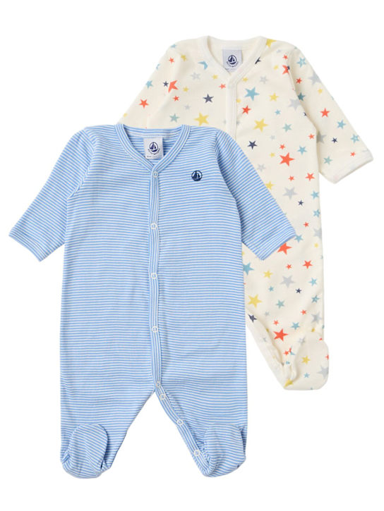 Petit Bateau: Set of 2 cotton jersey rompers - 米黄色/蓝色 - kids-boys_0 | Luisa Via Roma