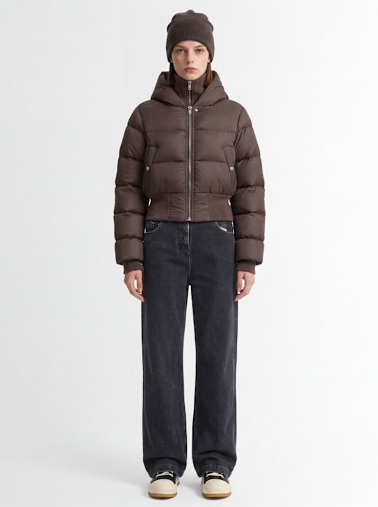 Rick Owens: Piumino in nylon leggero con cappuccio - Taupe - women_1 | Luisa Via Roma