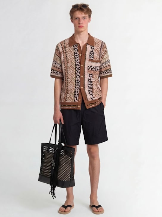 Laneus: Knitted cotton blend short sleeve shirt - Chocolate - men_1 | Luisa Via Roma