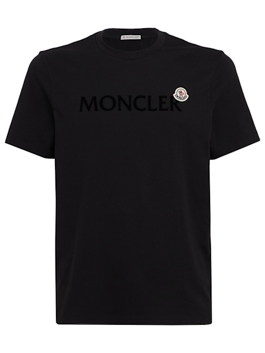 Moncler: Flocked logo cotton t-shirt - 블랙 - men_0 | Luisa Via Roma