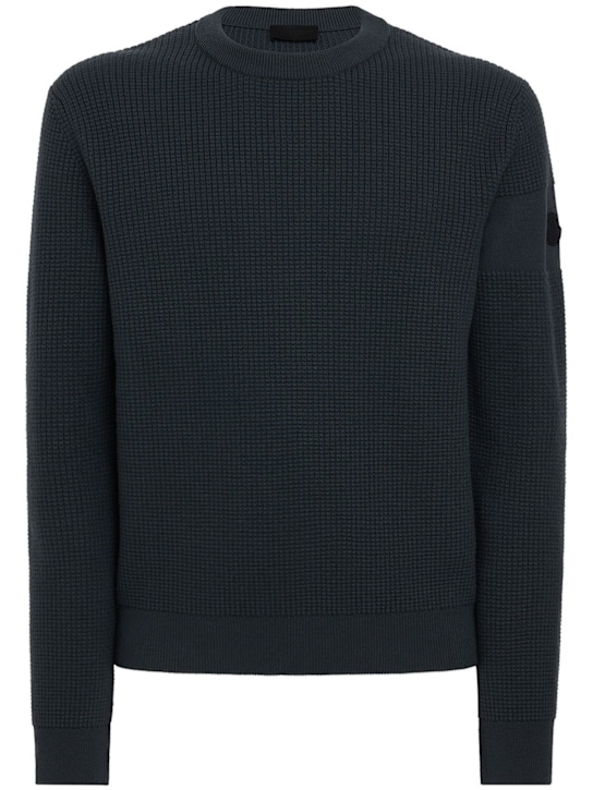 Moncler: Logo virgin wool sweater - 다크 그레이 - men_0 | Luisa Via Roma