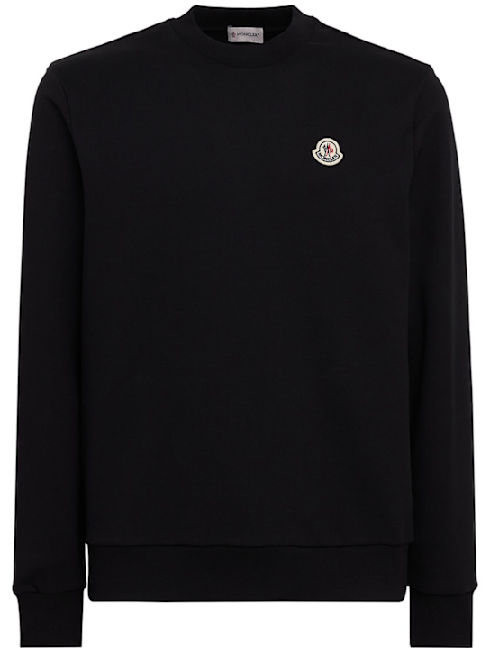 Moncler: Logo patch cotton crewneck sweatshirt - Black - men_0 | Luisa Via Roma